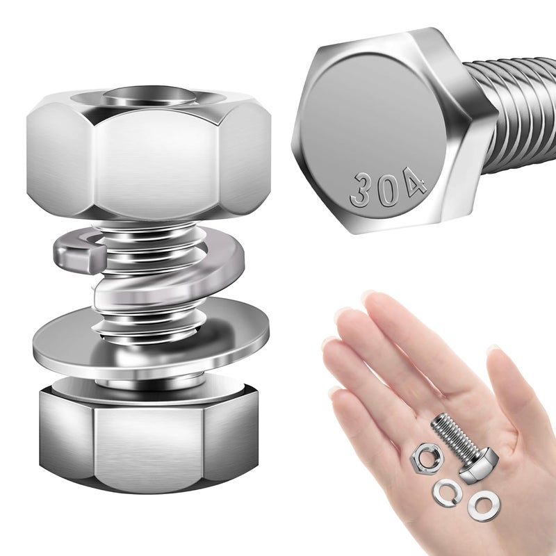 MYWISH (10 Sets) 1/4-20x3/4 Hex Head Assorted Screws Nuts and Bolts with Flat & Lock Washers, 304 Stainless Steel 18-8, Fully Threaded, 1/4 Bolt Metric Bolt Assortment - Image 1